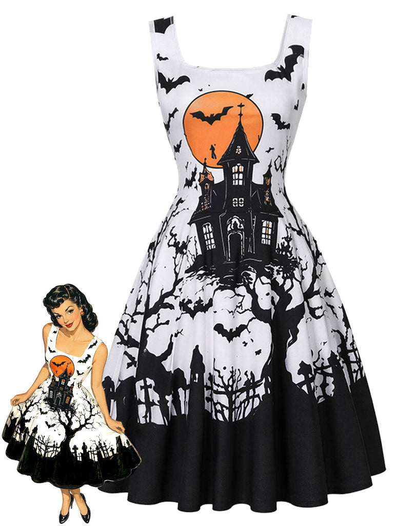 [Prevendita] Abito Nero e Bianco Anni '50 di Halloween con Stampa e Scollo Quadrato