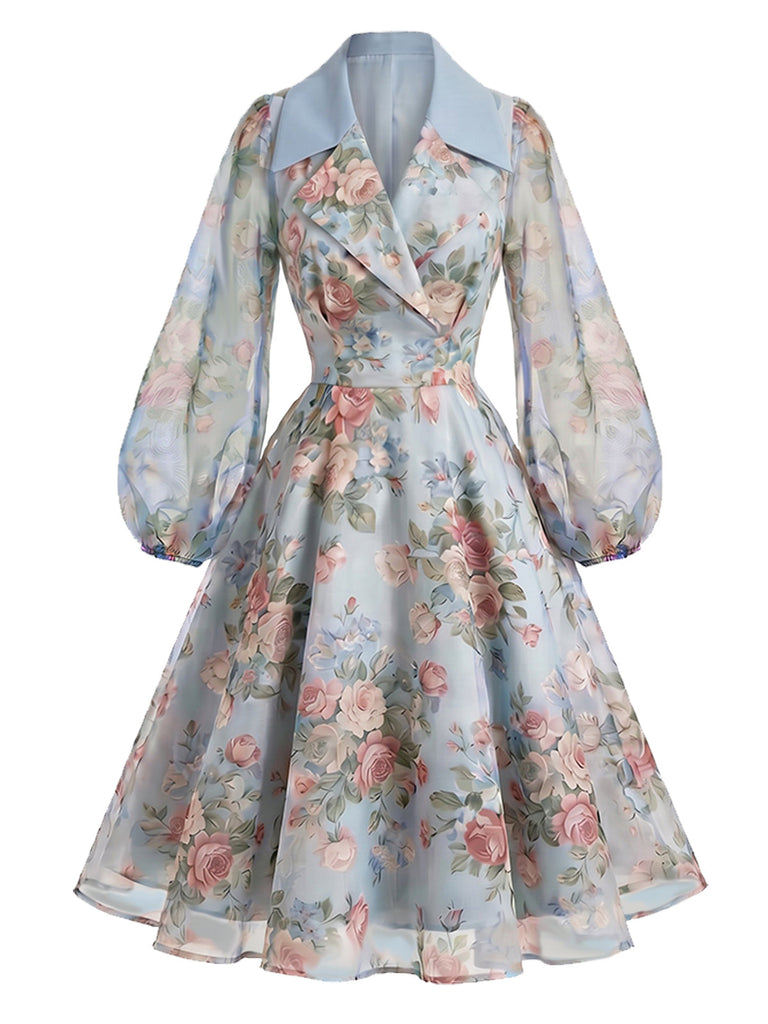 [Prevendita] Abito Azzurro Chiaro Anni '50 Floreale a Contrasto con Revers Maniche Trasparenti e Taglio a Portafoglio 2
