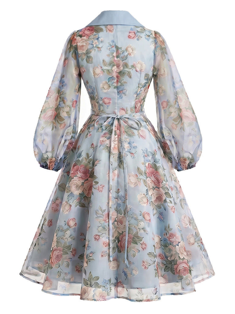 [Prevendita] Abito Azzurro Chiaro Anni '50 Floreale a Contrasto con Revers Maniche Trasparenti e Taglio a Portafoglio 3