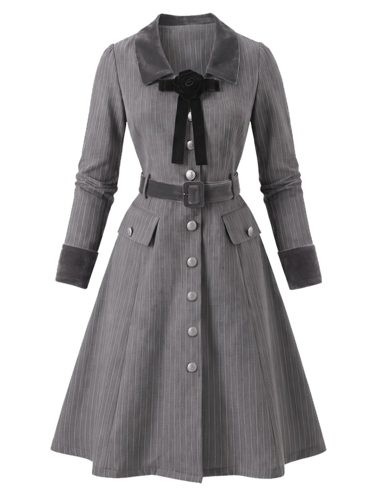 [Prevendita] Abito Dark Gray Anni '50 a Righe Scollo a V con Fiocco con Lacci con Cintura 2