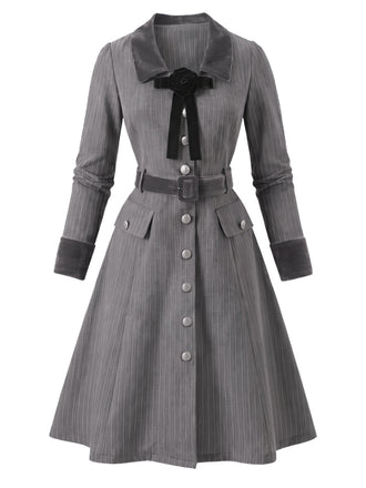 [Prevendita] Abito Dark Gray Anni '50 a Righe Scollo a V con Fiocco con Lacci con Cintura 2