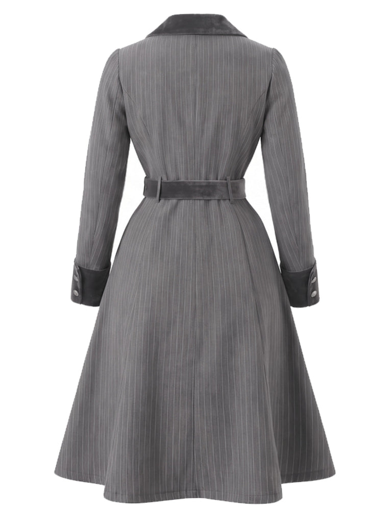 [Prevendita] Abito Dark Gray Anni '50 a Righe Scollo a V con Fiocco con Lacci con Cintura 3