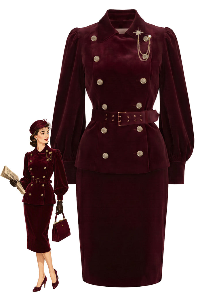 [Prevendita] 2PCS Top anni '60 rosso vino in velluto con revers e maniche a lanterna e gonna a tubino