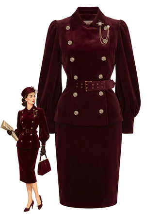 [Prevendita] 2PCS Top anni '60 rosso vino in velluto con revers e maniche a lanterna e gonna a tubino
