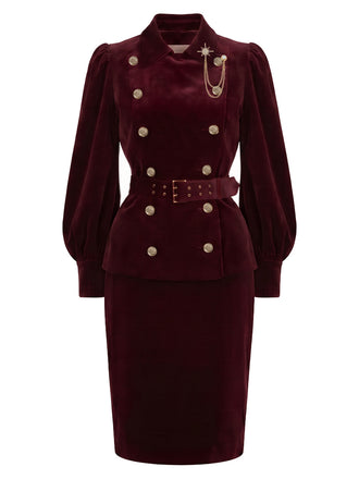 [Prevendita] 2PCS Top anni '60 rosso vino in velluto con revers e maniche a lanterna e gonna a tubino 2