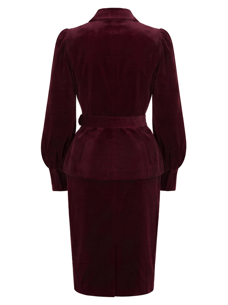 [Prevendita] 2PCS Top anni '60 rosso vino in velluto con revers e maniche a lanterna e gonna a tubino 3