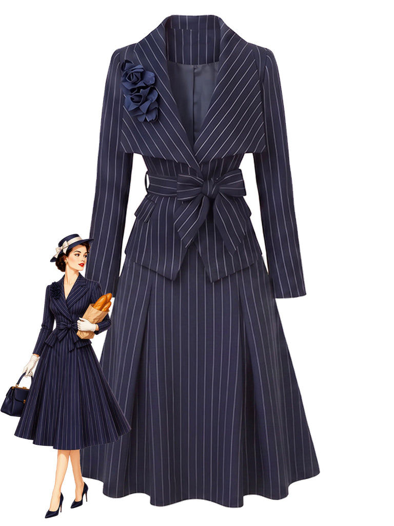 [Prevendita] 2PCS Camicetta e Gonna Blu Intenso Anni '60 a Righe con Scollo a V e Cintura