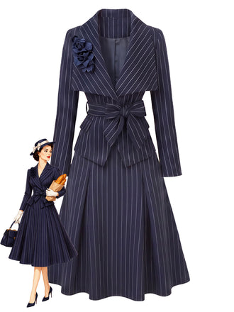 [Prevendita] 2PCS Camicetta e Gonna Blu Intenso Anni '60 a Righe con Scollo a V e Cintura