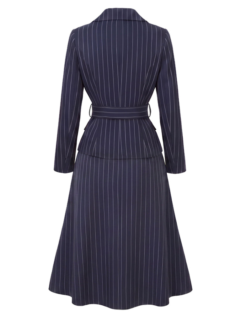 [Prevendita] 2PCS Camicetta e Gonna Blu Intenso Anni '60 a Righe con Scollo a V e Cintura 3