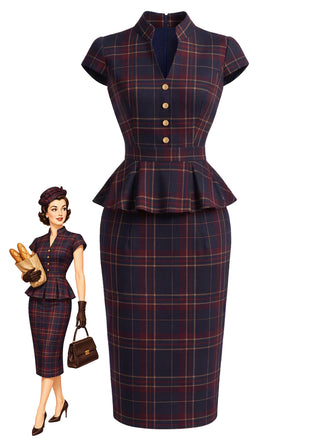 [Prevendita] 2PCS Completo Gonna Bordeaux Anni '60 a Quadri con Gilet Scollo a V