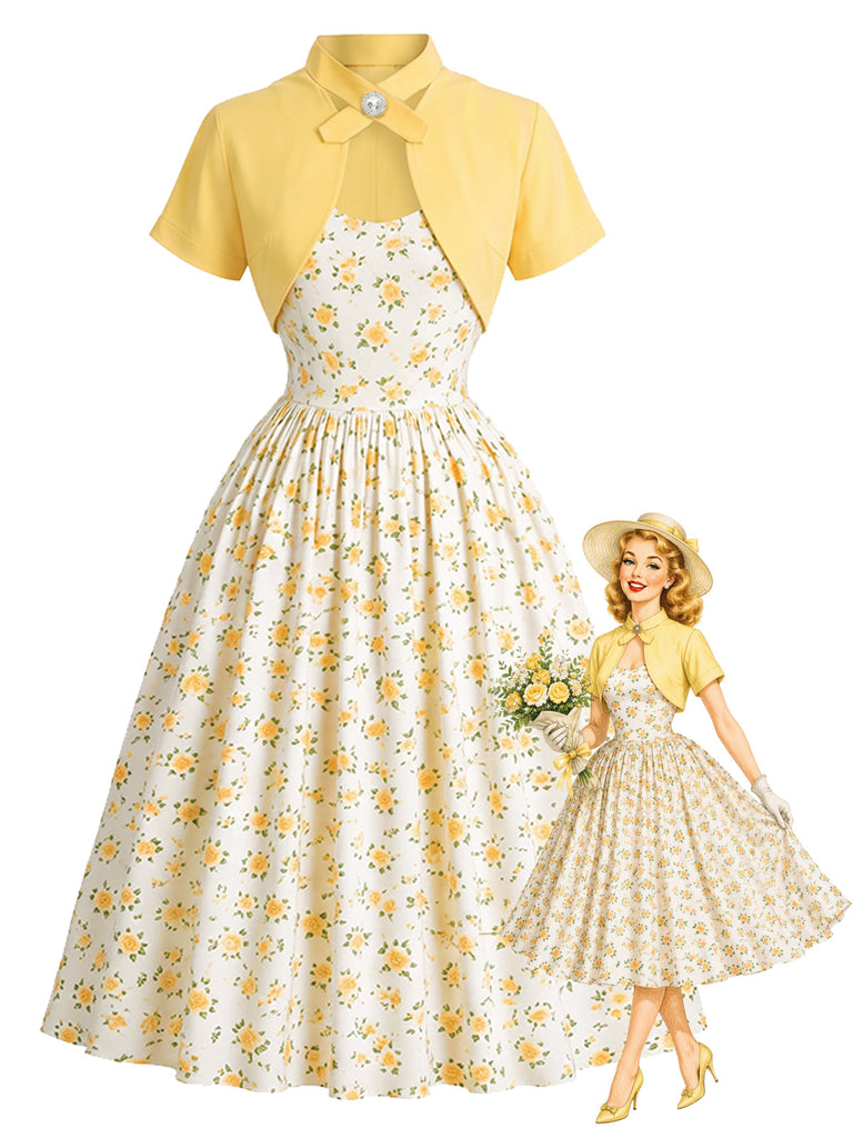 [Prevendita] Abito swing anni '50 giallo chiaro con fiori e fiocco e con bolero