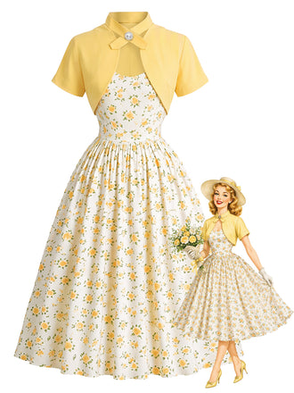 [Prevendita] Abito swing anni '50 giallo chiaro con fiori e fiocco e con bolero