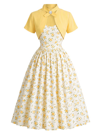 [Prevendita] Abito swing anni '50 giallo chiaro con fiori e fiocco e con bolero 2