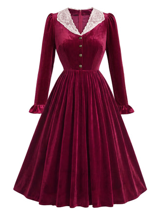 [Prevendita] Abito Midi Bordeaux Anni '50 in Velluto e Pizzo con Colletto e Polsini con Volant 2