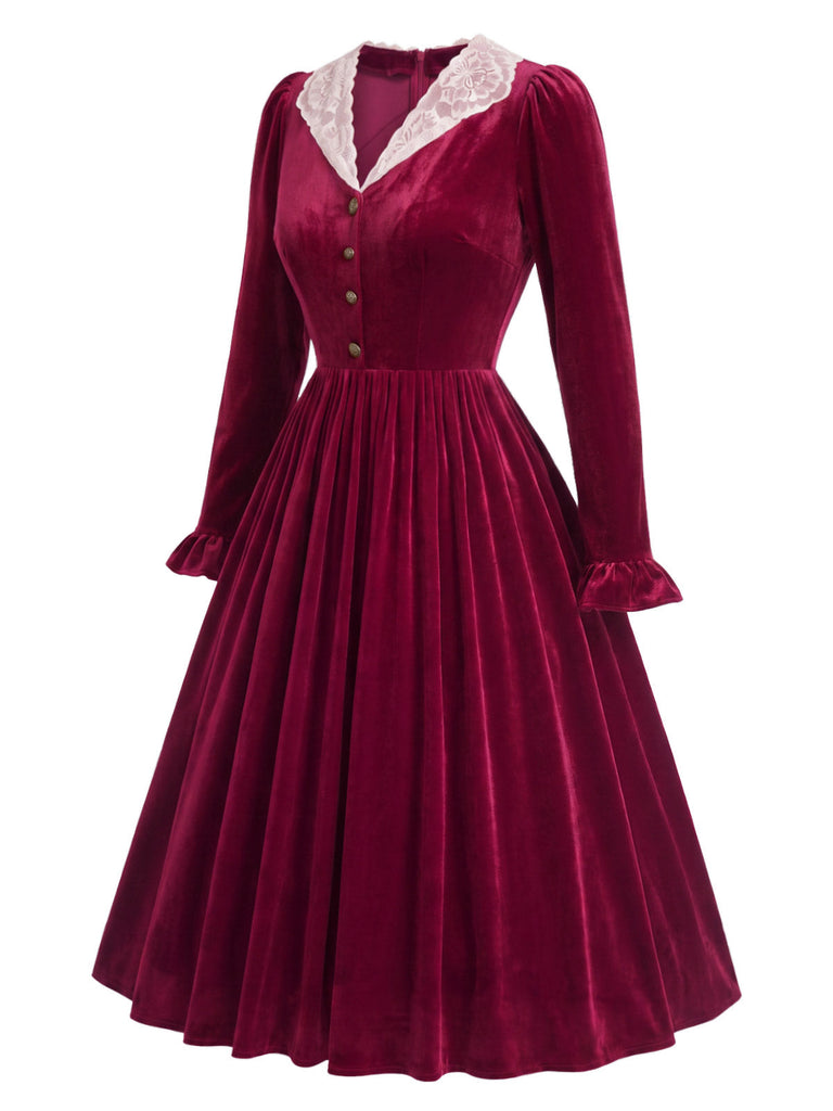 [Prevendita] Abito Midi Bordeaux Anni '50 in Velluto e Pizzo con Colletto e Polsini con Volant 3