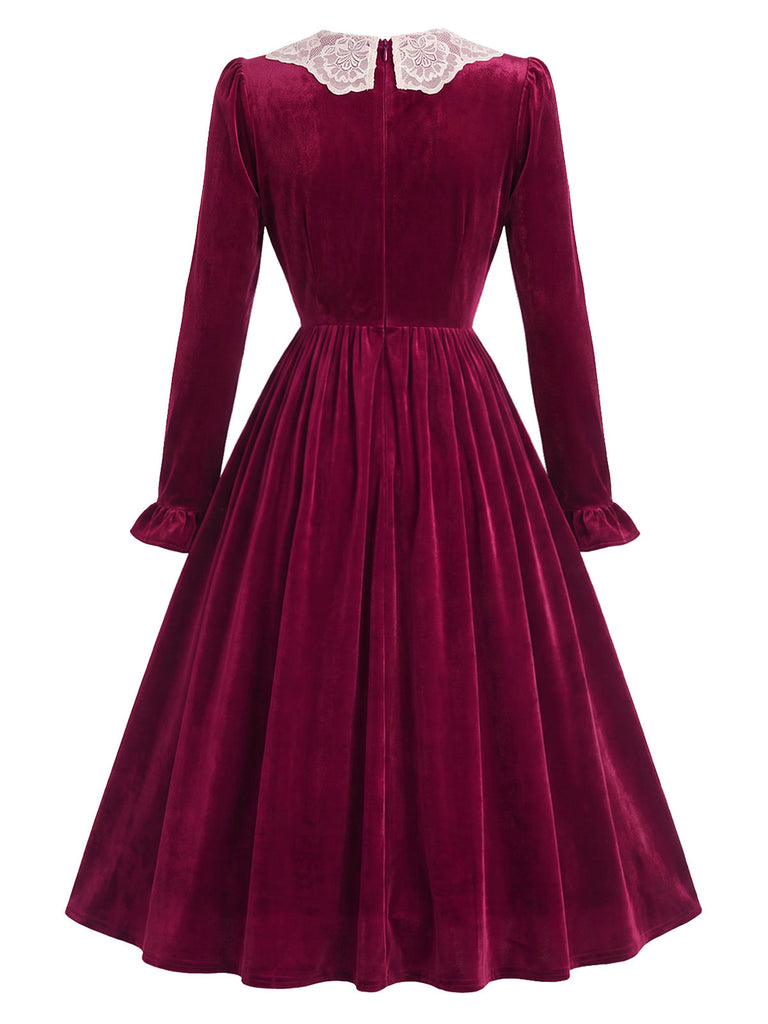 [Prevendita] Abito Midi Bordeaux Anni '50 in Velluto e Pizzo con Colletto e Polsini con Volant 4