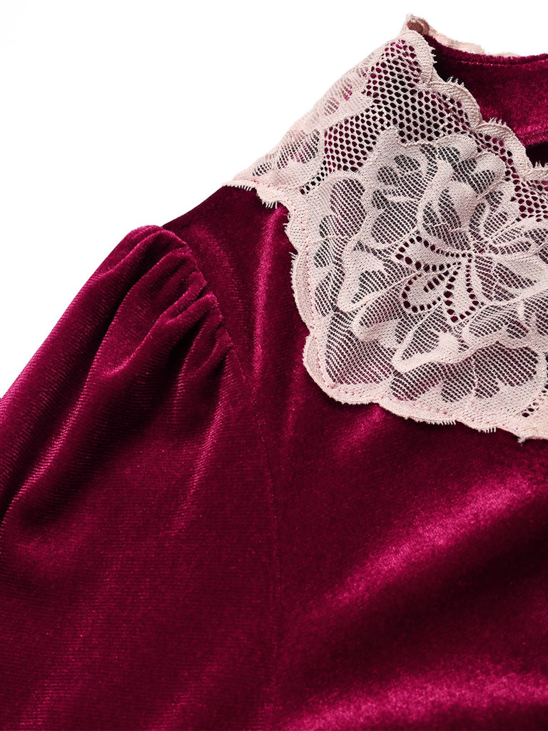 [Prevendita] Abito Midi Bordeaux Anni '50 in Velluto e Pizzo con Colletto e Polsini con Volant 5