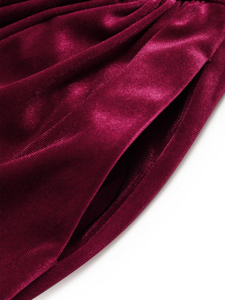 [Prevendita] Abito Midi Bordeaux Anni '50 in Velluto e Pizzo con Colletto e Polsini con Volant 6