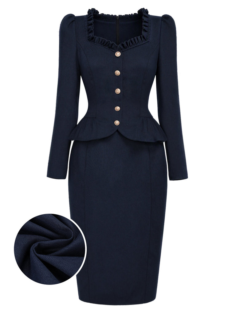 [Prevendita] Abito Blu Scuro Anni '50 a Matita con Collo Volant Peplo e Blazer 2
