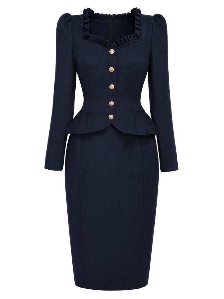 [Prevendita] Abito Blu Scuro Anni '50 a Matita con Collo Volant Peplo e Blazer 3