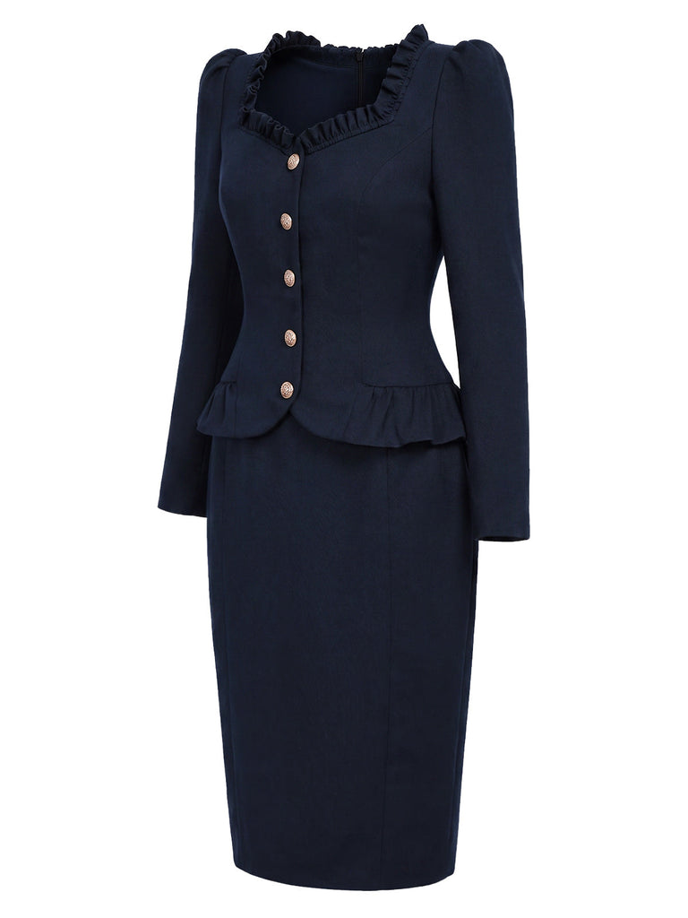 [Prevendita] Abito Blu Scuro Anni '50 a Matita con Collo Volant Peplo e Blazer 4