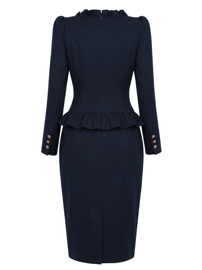 [Prevendita] Abito Blu Scuro Anni '50 a Matita con Collo Volant Peplo e Blazer 5
