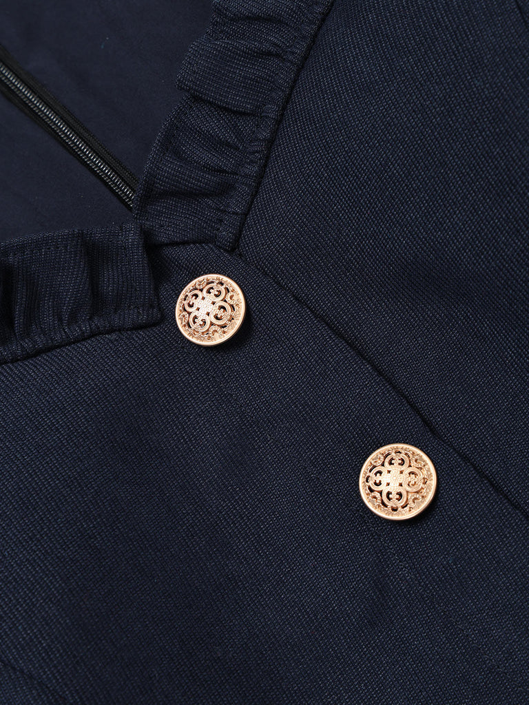 [Prevendita] Abito Blu Scuro Anni '50 a Matita con Collo Volant Peplo e Blazer 7