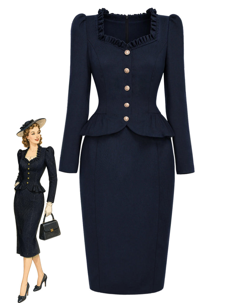 [Prevendita] Abito Blu Scuro Anni '50 a Matita con Collo Volant Peplo e Blazer