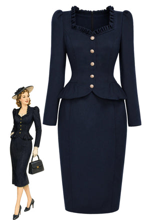 [Prevendita] Abito Blu Scuro Anni '50 a Matita con Collo Volant Peplo e Blazer