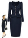 [Prevendita] Abito Blu Scuro Anni '50 a Matita con Collo Volant Peplo e Blazer