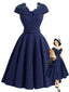 [Prevendita] Abito Deep Blu Anni '50 in Pizzo Patchwork Tinta Unita Spalle Scoperte