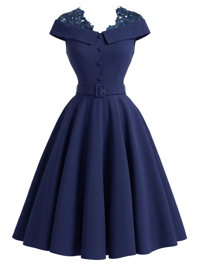 [Prevendita] Abito Deep Blu Anni '50 Tinta Unita Spalle Scoperte in Pizzo Patchwork 2