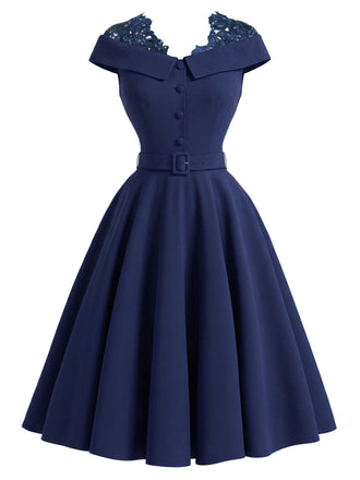 [Prevendita] Abito Deep Blu Anni '50 Tinta Unita Spalle Scoperte in Pizzo Patchwork 2