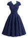 [Prevendita] Abito Deep Blu Anni '50 Tinta Unita Spalle Scoperte in Pizzo Patchwork 2