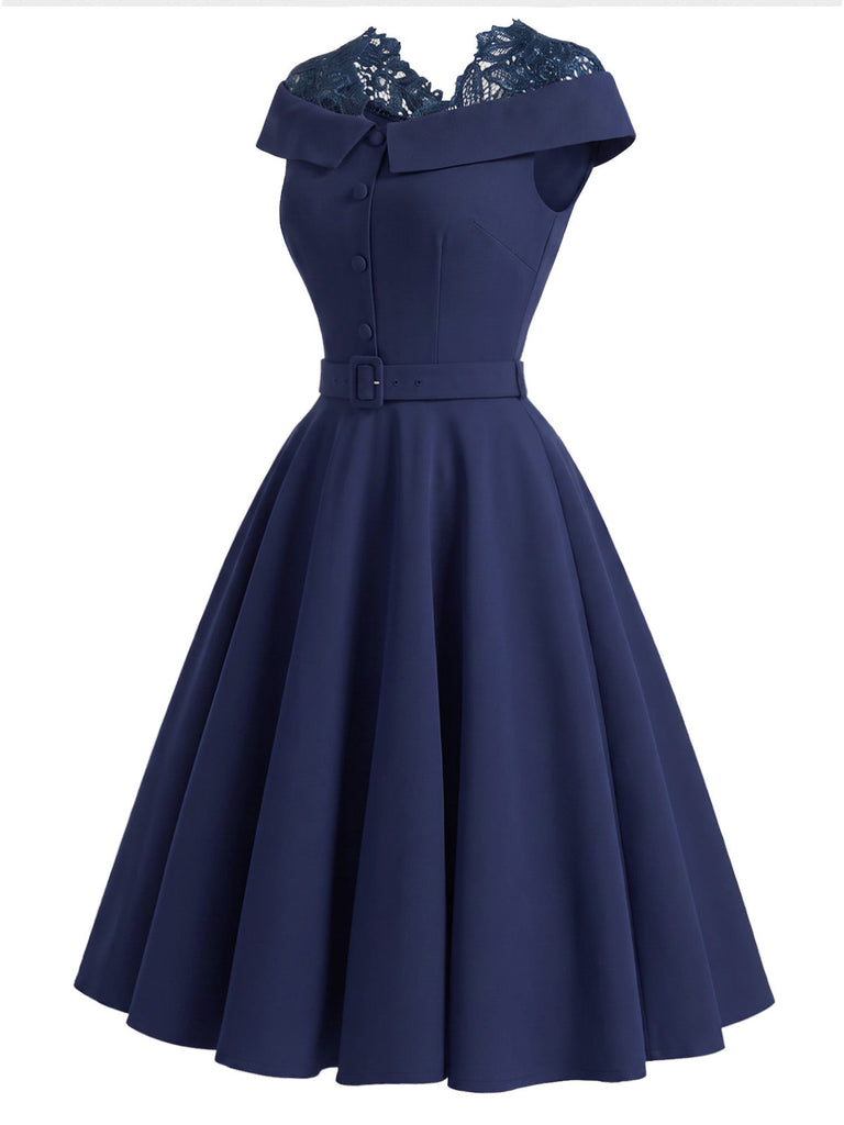 [Prevendita] Abito Deep Blu Anni '50 Tinta Unita Spalle Scoperte in Pizzo Patchwork 3