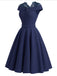 [Prevendita] Abito Deep Blu Anni '50 Tinta Unita Spalle Scoperte in Pizzo Patchwork 3