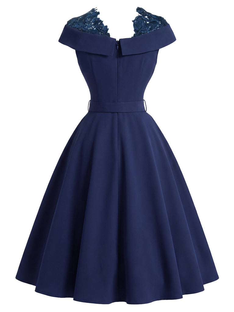 [Prevendita] Abito Deep Blu Anni '50 Tinta Unita Spalle Scoperte in Pizzo Patchwork 4