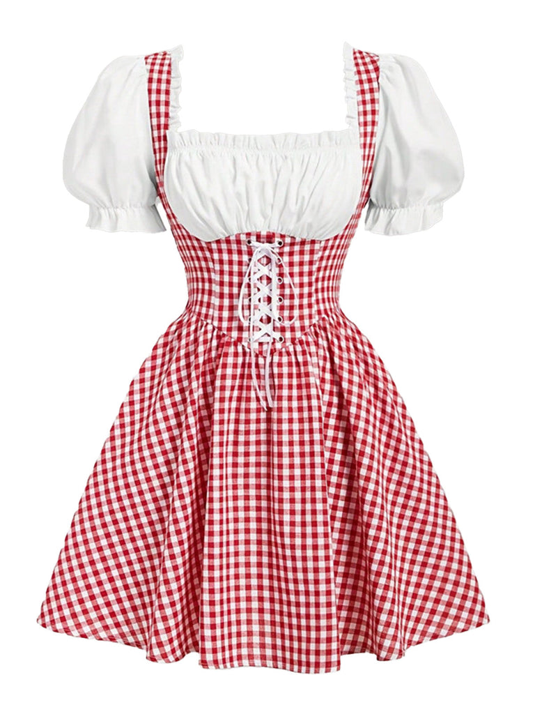 Abito Rosso e Bianco Anni '50 a Quadri Vichy con Allacciatura Maniche a Sbuffo e Vita Arricciata