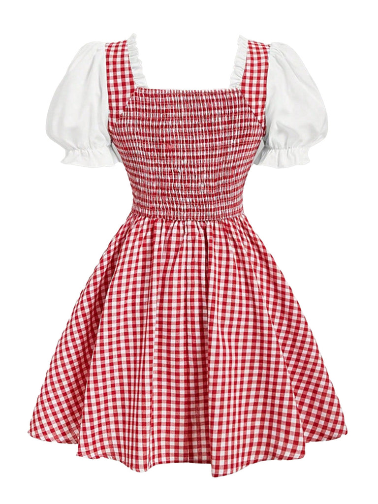 Abito Rosso e Bianco Anni '50 a Quadri Vichy con Allacciatura Maniche a Sbuffo e Vita Arricciata 2