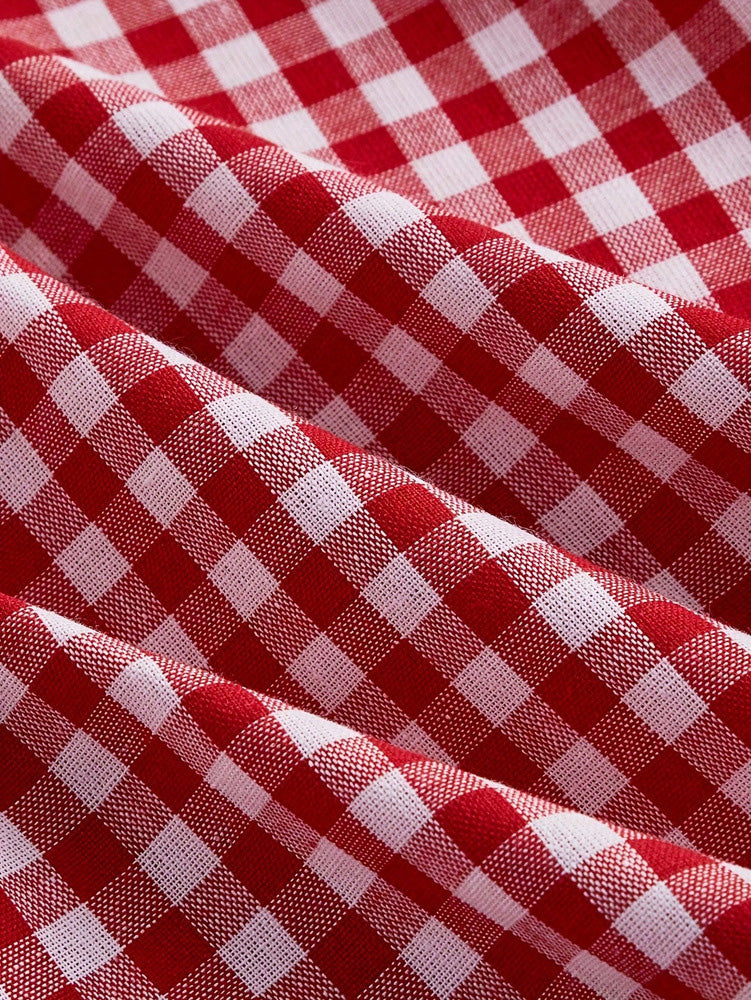 Abito Rosso e Bianco Anni '50 a Quadri Vichy con Allacciatura Maniche a Sbuffo e Vita Arricciata 4