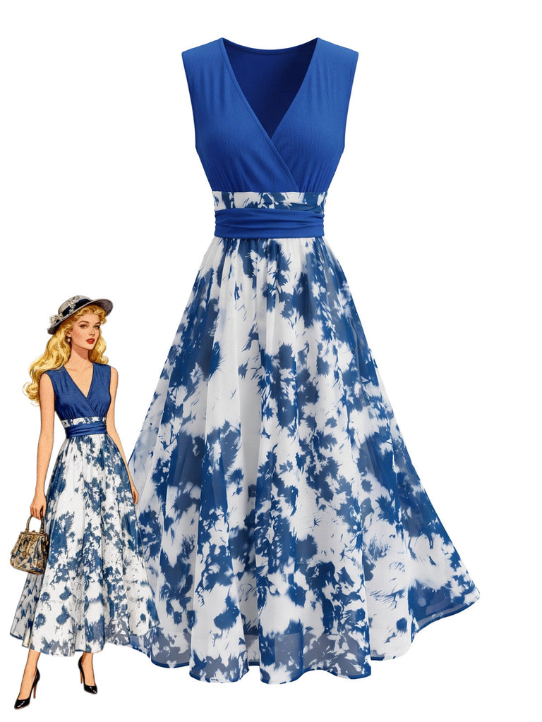 Abito a Ruota Deep Blu Anni '50 Floreale Stampa Deep Scollo a V