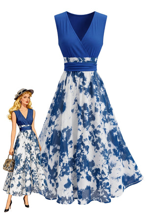 Abito a Ruota Deep Blu Anni '50 Floreale Stampa Deep Scollo a V