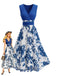 Abito a Ruota Deep Blu Anni '50 Floreale Stampa Deep Scollo a V