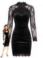Abito Aderente Nero Anni '60 in Velluto con Pizzo Patchwork Maniche Trasparenti