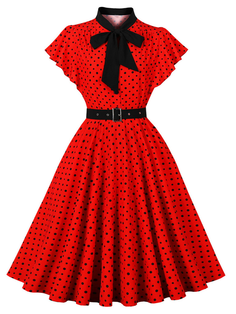 Abito a Ruota Rosso Anni '50 a Pois con Fiocco Colletto con Fiocco Maniche con Volant