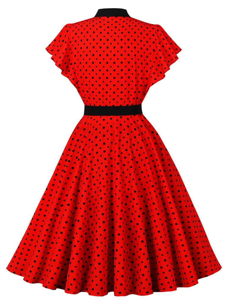 Abito a Ruota Rosso Anni '50 a Pois con Fiocco Colletto con Fiocco Maniche con Volant 2
