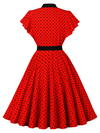 Abito a Ruota Rosso Anni '50 a Pois con Fiocco Colletto con Fiocco Maniche con Volant 2