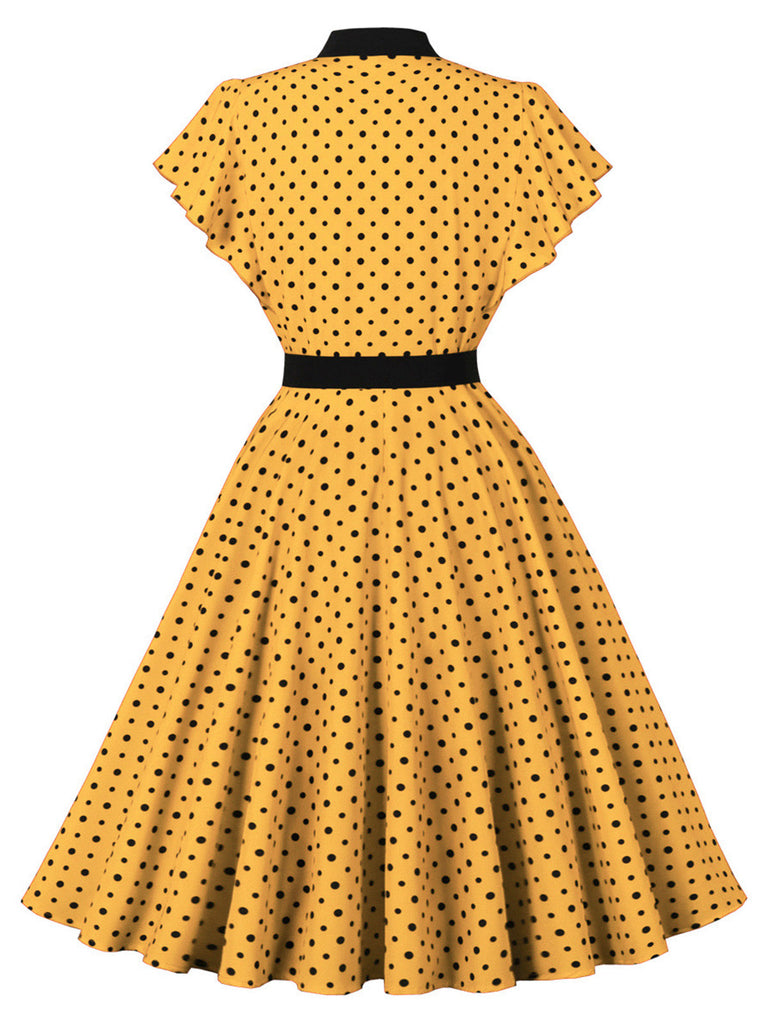 Abito a Ruota Rosso Anni '50 a Pois con Fiocco Colletto con Fiocco Maniche con Volant 4