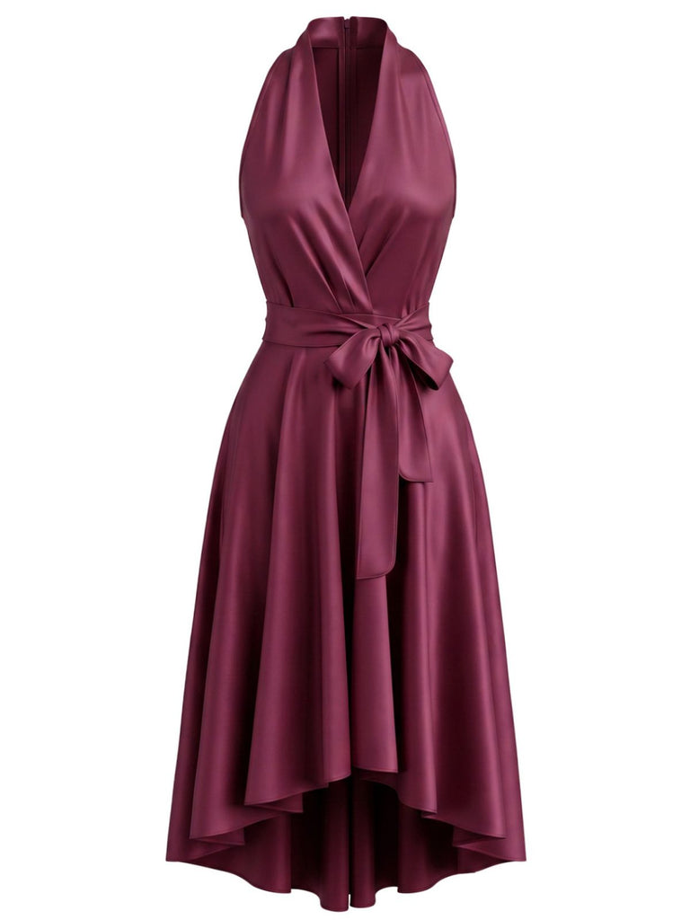 Abito Rosso Anni '50 in Raso con Scollo All'americana a V Fiocco in Vita e Orlo Asimmetrico 2