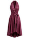 Abito Rosso Anni '50 in Raso con Scollo All'americana a V Fiocco in Vita e Orlo Asimmetrico 2